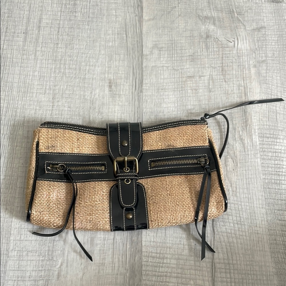 ABS Allen Schwartz Black and Tan Clutch with Buckle Details